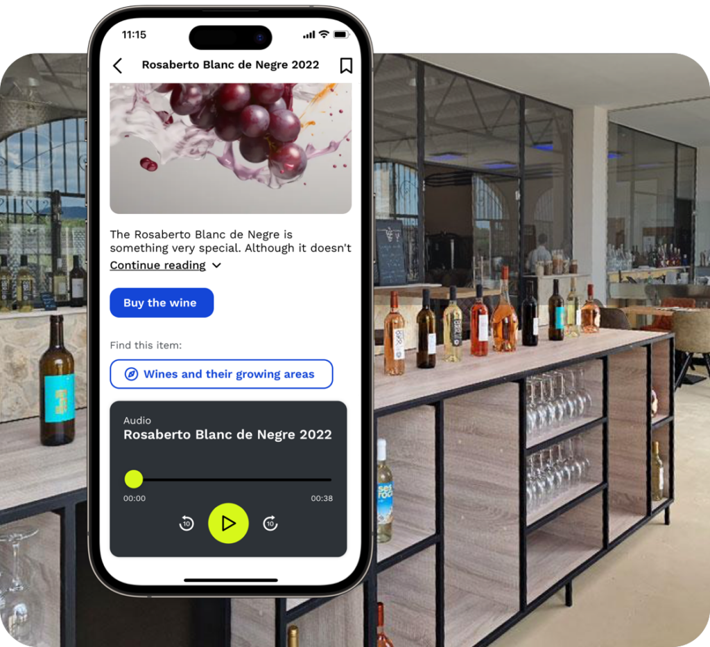 Mockup of the UpVisit app in front of a wine shop